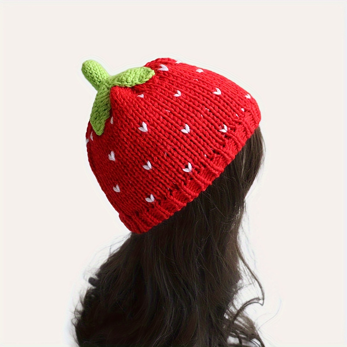 

Cartoon Strawberry Knitted Beanie Hat For Women - Acrylic, Hand Washable, Lightweight, , Christmas Themed, Pull-on Closure, Casual