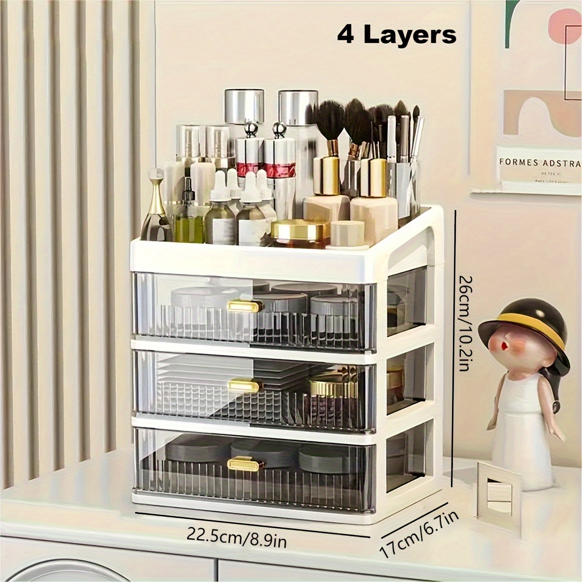 Image of Makeup Organizer For Vanity, Large Capacity Desk Storage Box With Drawer For Dresser, Bathroom & Countertop, Great Holder For Cosmetics, Perfume, Skincare & Toiletries