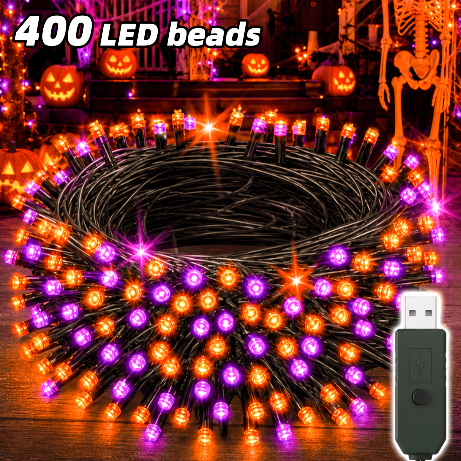 TEMU Indoor Halloween Purple Orange String Lights, 400/240/120 Leds High- Fairy Lights, Usb Powered, 12 Lighting Modes, Suitable For Bedroom, Porch,