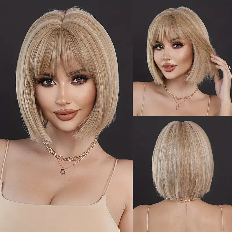 Short Straight Synthetic Bob Wig With Bangs – Blonde To Brown Ombre, Heat Resistant & Layered