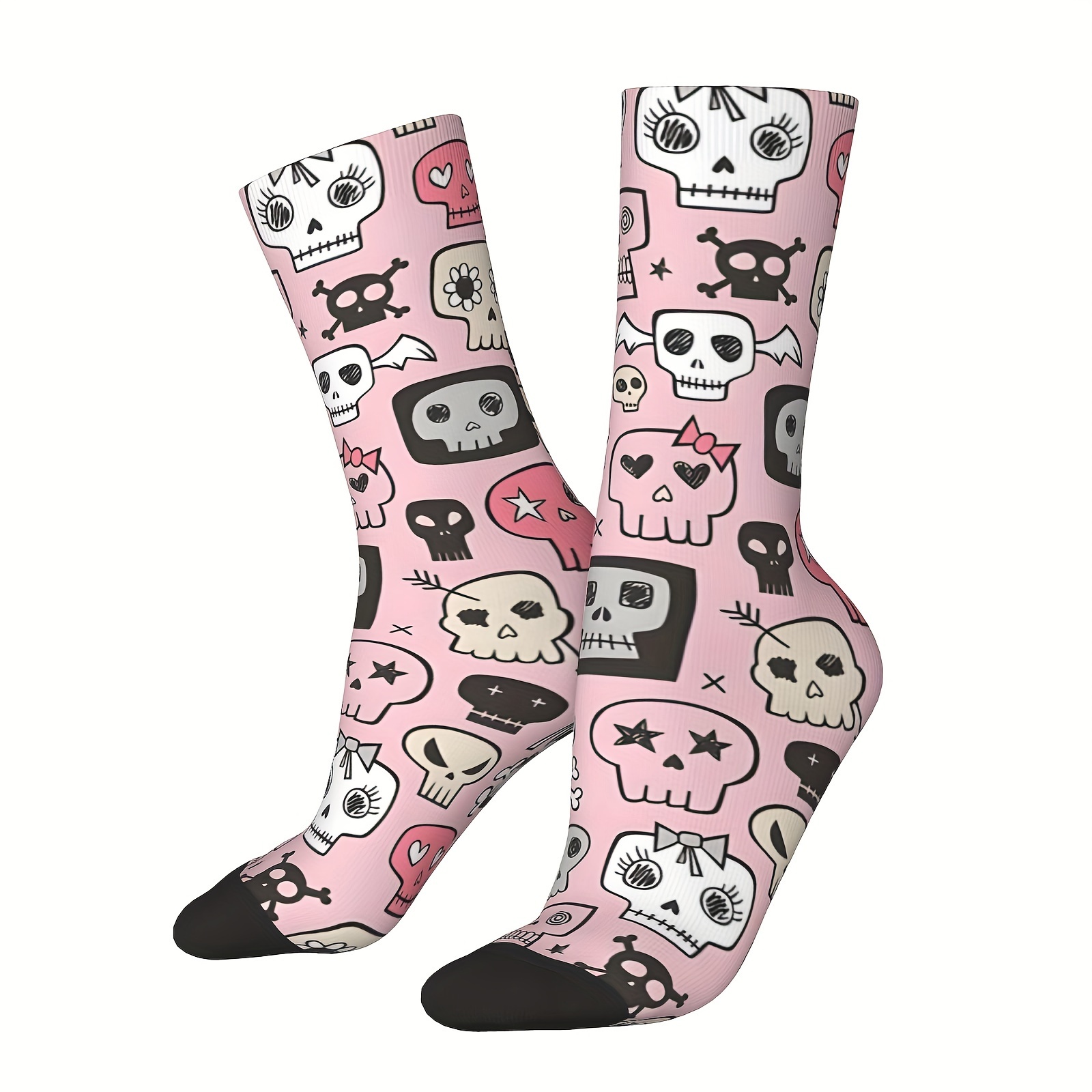 

1 Pair Skulls On Pink Sock For Men - Polyester 95%, Spandex 5% - Hand Washable, Knit Fabric, Novelty Gift With Random Print Pattern, Hip Hop Socks