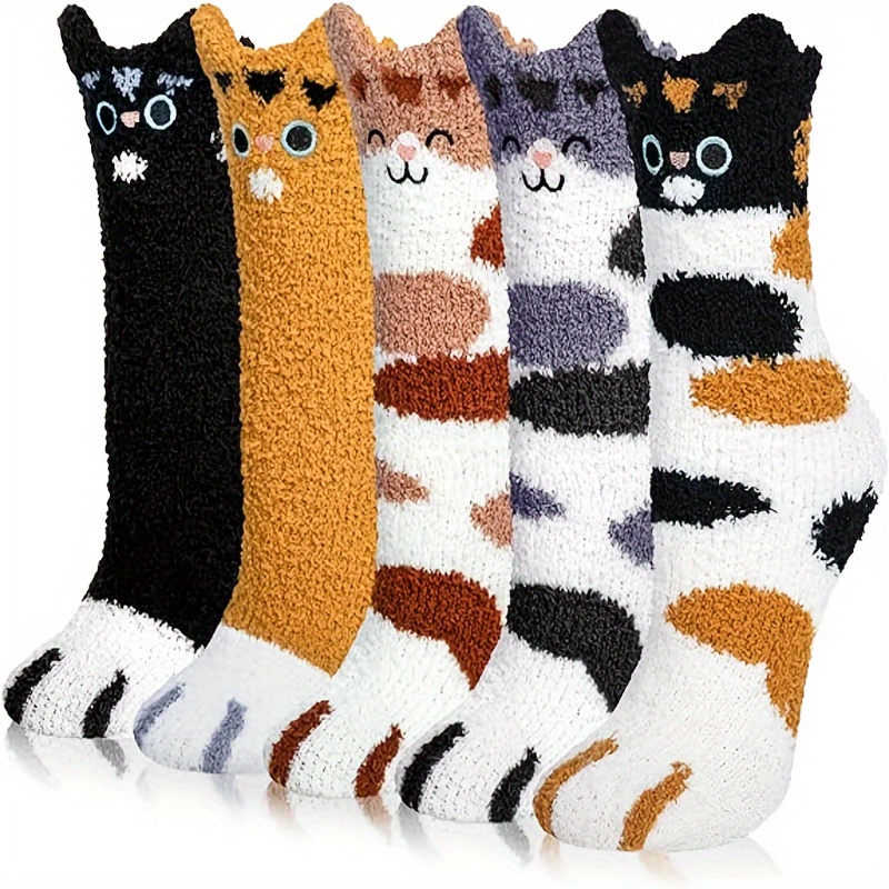 

Women's Cozy Cartoon Cat Claw Slipper Socks - 5 Pairs, Knee-length, Polyester And Spandex Blend, Warm Plush Coral Fleece, Knit Fabric, Home Lounge Winter Fluffy Socks - Hand Wash/dry Clean