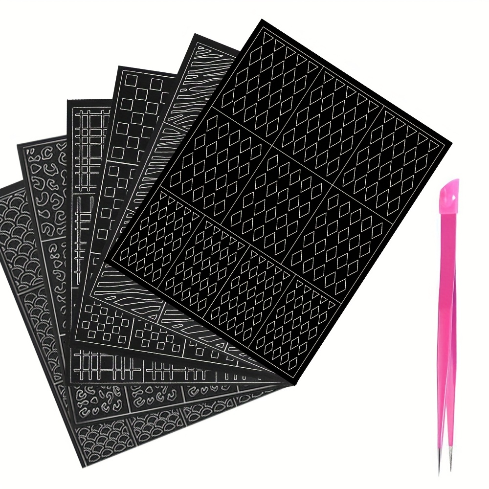 Image of 6pcs/7pcs Nail Art Hollow Stickers Set, Nail Art Plate Template, Line Grid Leopard Print Designs To Make Nail Art/salon More Easy
