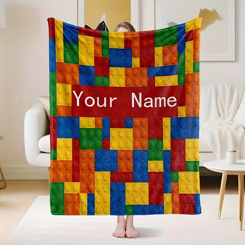 

Personalized Throw Blanket – Custom Name Flannel Home Decor For Sofa, Couch, Bed, - Toy Brick Design - , Hypoallergenic, Use, Hand Wash Only – Ideal Christmas & Birthday Gift