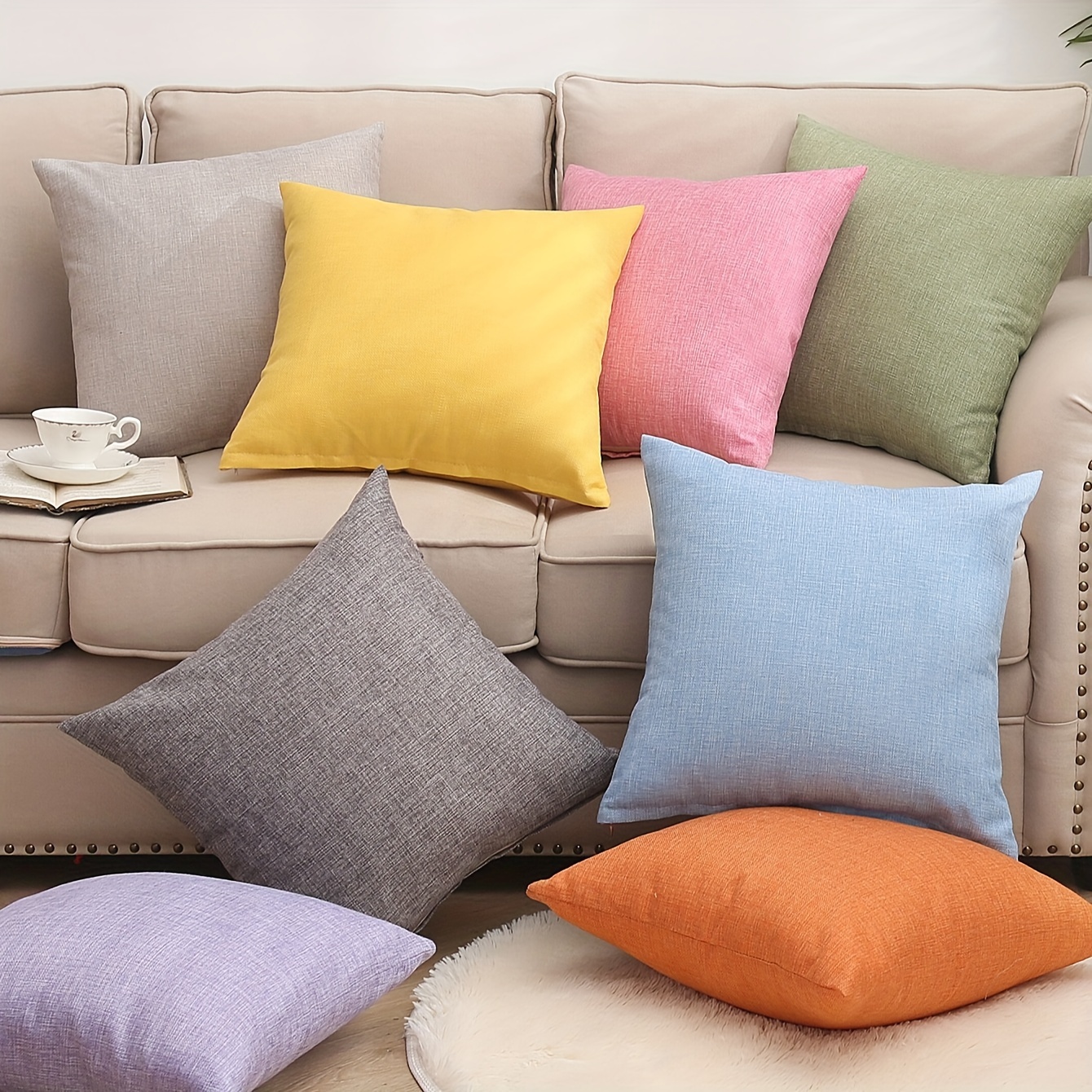 

New Solid Color Linen Cushion Cover [pillow Not Included]