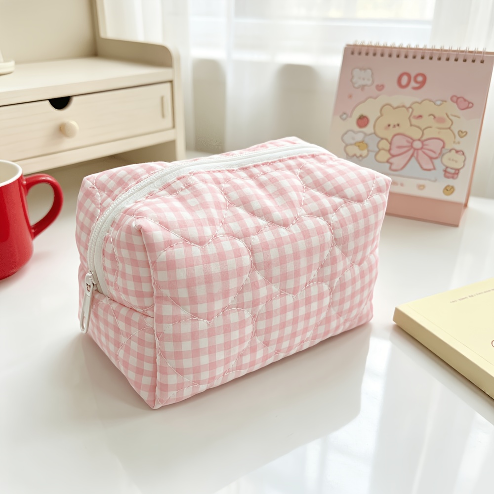 TEMU Pink Checkered Heart Quilted Cosmetic Bag, Large-capacity Portable Travel Toiletry Storage Bag, Multifunctional Desktop Item Organizer, Durable