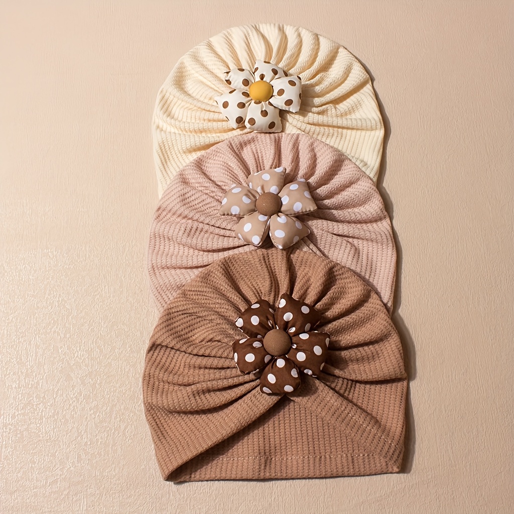 3pcs Waffle Striped Floral Pullover Hat, Soft And Comfortable For Everyday Wear