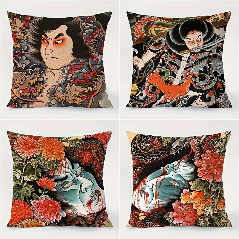 TEMU Ensemble de 4 housses de coussin de style japonais traditionnel, housses de coussin de canapé imprimées sur une face, housses de coussin carrées