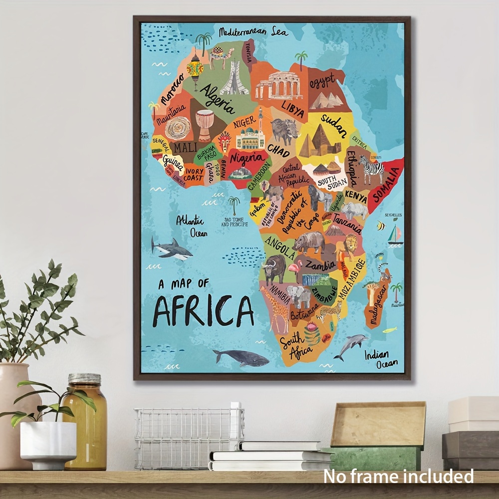 

Africa Map Canvas Wall Art - 12x16 Inch Unframed Poster With Labeled Countries, Wildlife, And Landmarks - Vibrant For Living Room, Bedroom, Office, Decor, 2d, Room Decor