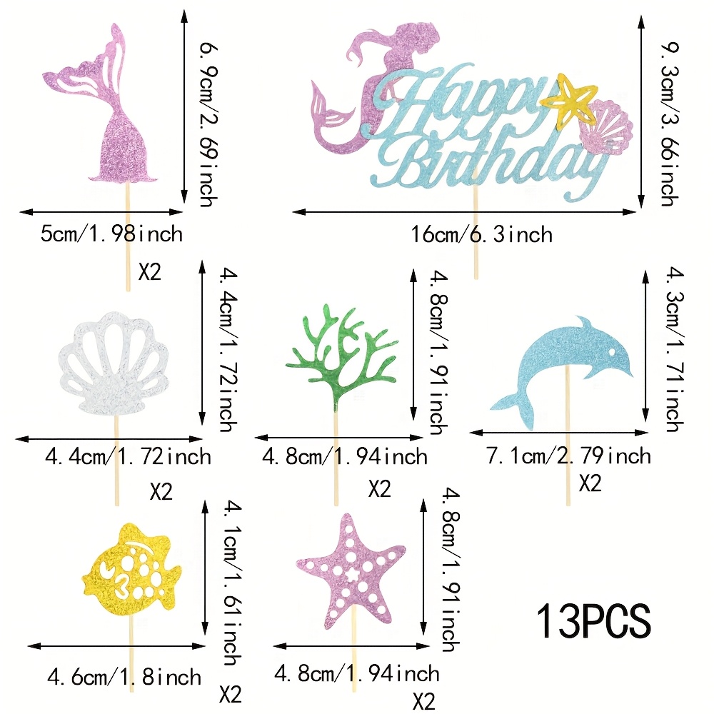 13pcs Set Of Mermaid Happy Birthday Cake Decorations, Ocean Theme Birthday Cake Cupcake Decorations, Starfish Seaweed Shell Birthday Cake Decorations