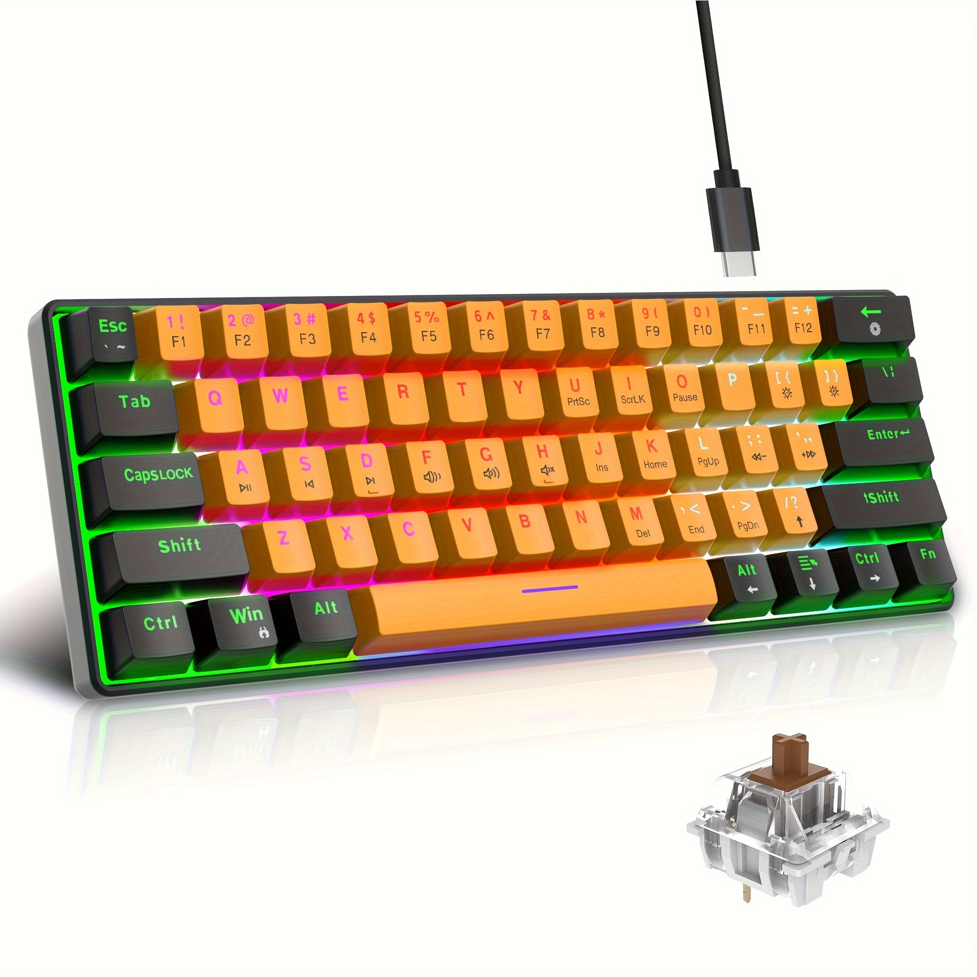TEMU Snpurdiri 60% Wired Mechanical Keyboard, Mini Gaming Keyboard For Pc, , Win 7, Win 10 For Wired Use Only (black Yellow, Brown Switch)