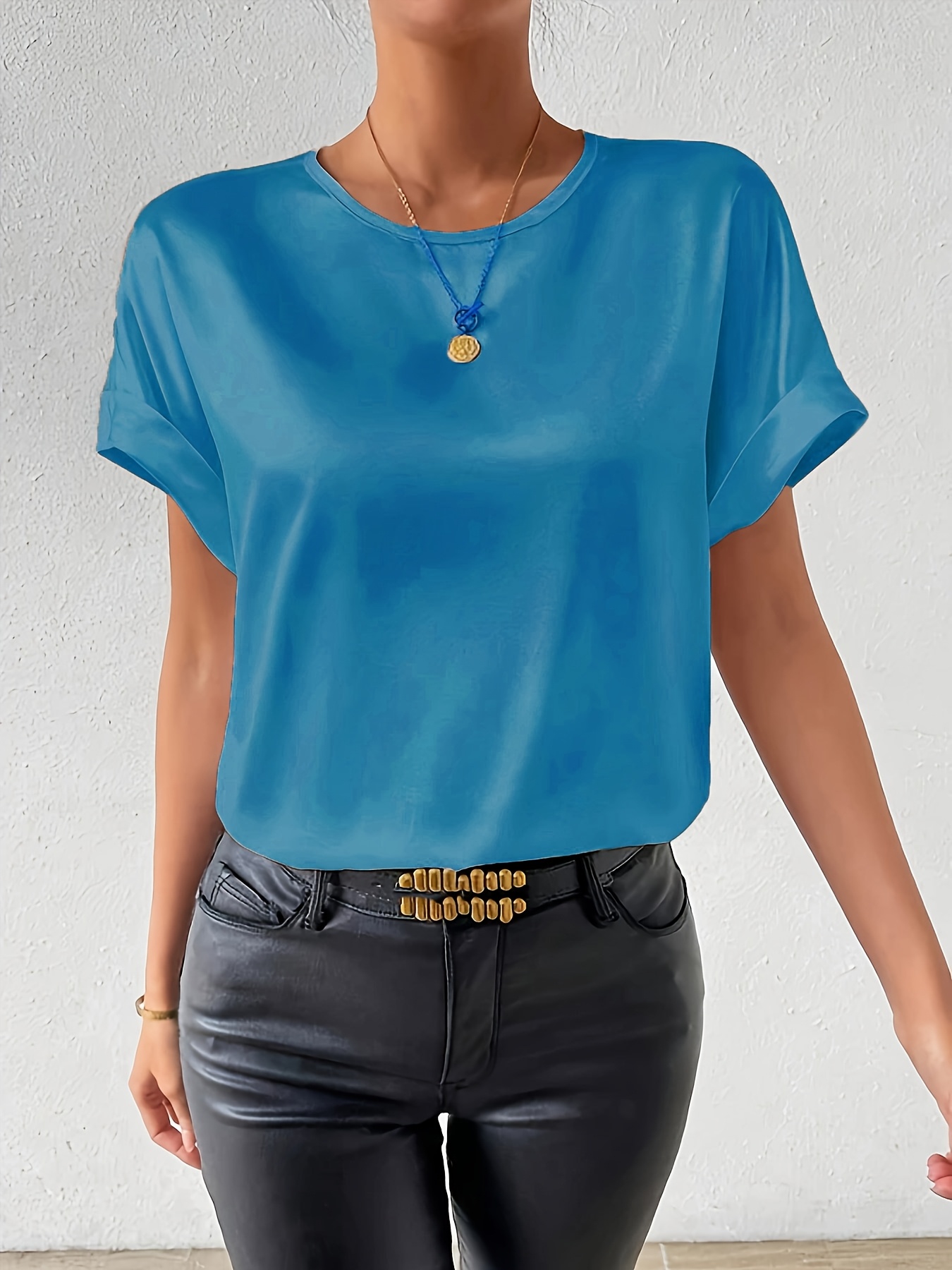 Women'S Plus Size Light Blue Woven Blouse - Elegant Short Sleeve Crew Neck, Solid Color, Non-Stretch Fabric, Perfect for Summer, Casual Summer Wear|Sleek Fitted Look|Nonstretch Material, Plus Size Blouses