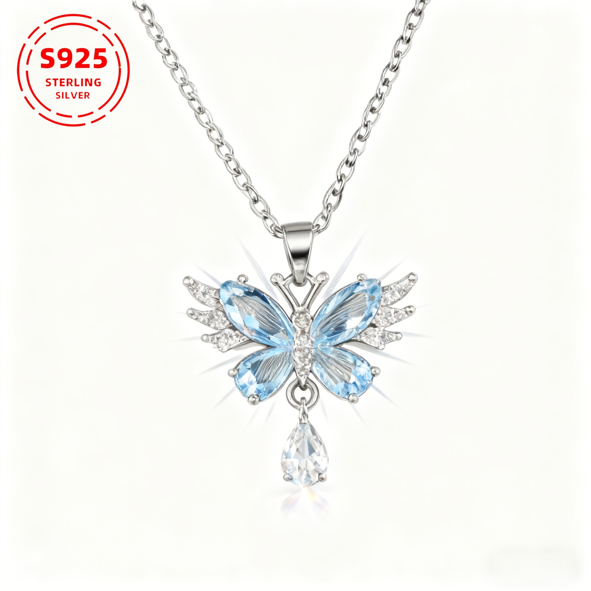 TEMU Un collier en argent 925 pour femmes, d'une pompon papillon en synthétique bleue et d'une chaîne cœur, présentant un design sur le thème des qui