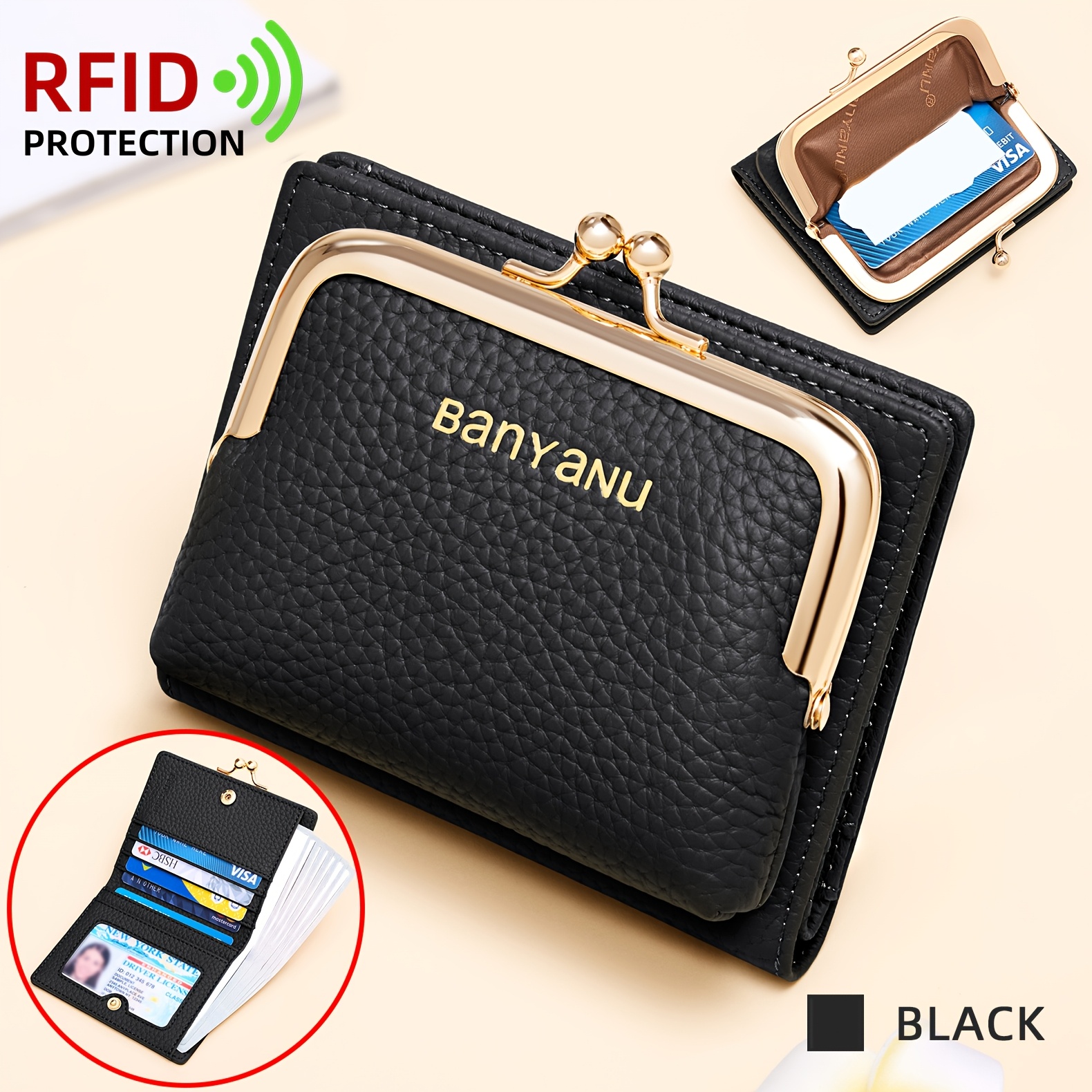TEMU Banyanu Top Layer Cowhide Wallet, Kiss Lock With Large Capacity Design, Can Hold , Documents, Change, Rfid Anti-theft Brush