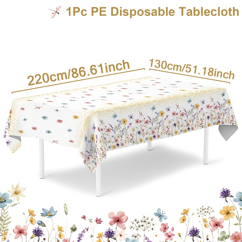 Image of 1pc, Spring Theme Disposable Plastic Tablecloth, 220 X 130cm, Happy Birthday Party Decoration For Home, Wedding Bride Party Decor, Baby Shower Party Supplies, Spring Theme Party Tablecovers