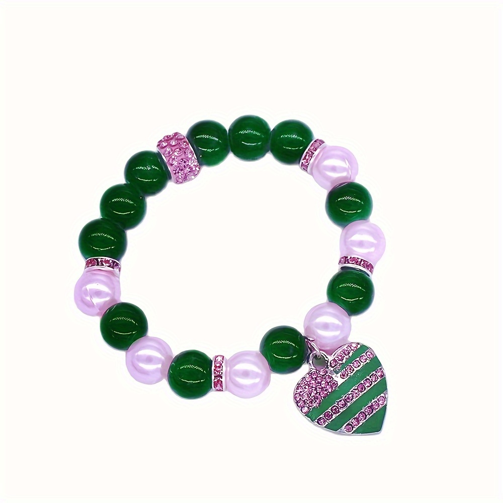 

Elegant Pink & Green Sorority Bracelet With Greek Letters - Charming Heart Design, Synthetic Crystal Accents, Alloy Crafted - Perfect For Daily Wear Or Parties