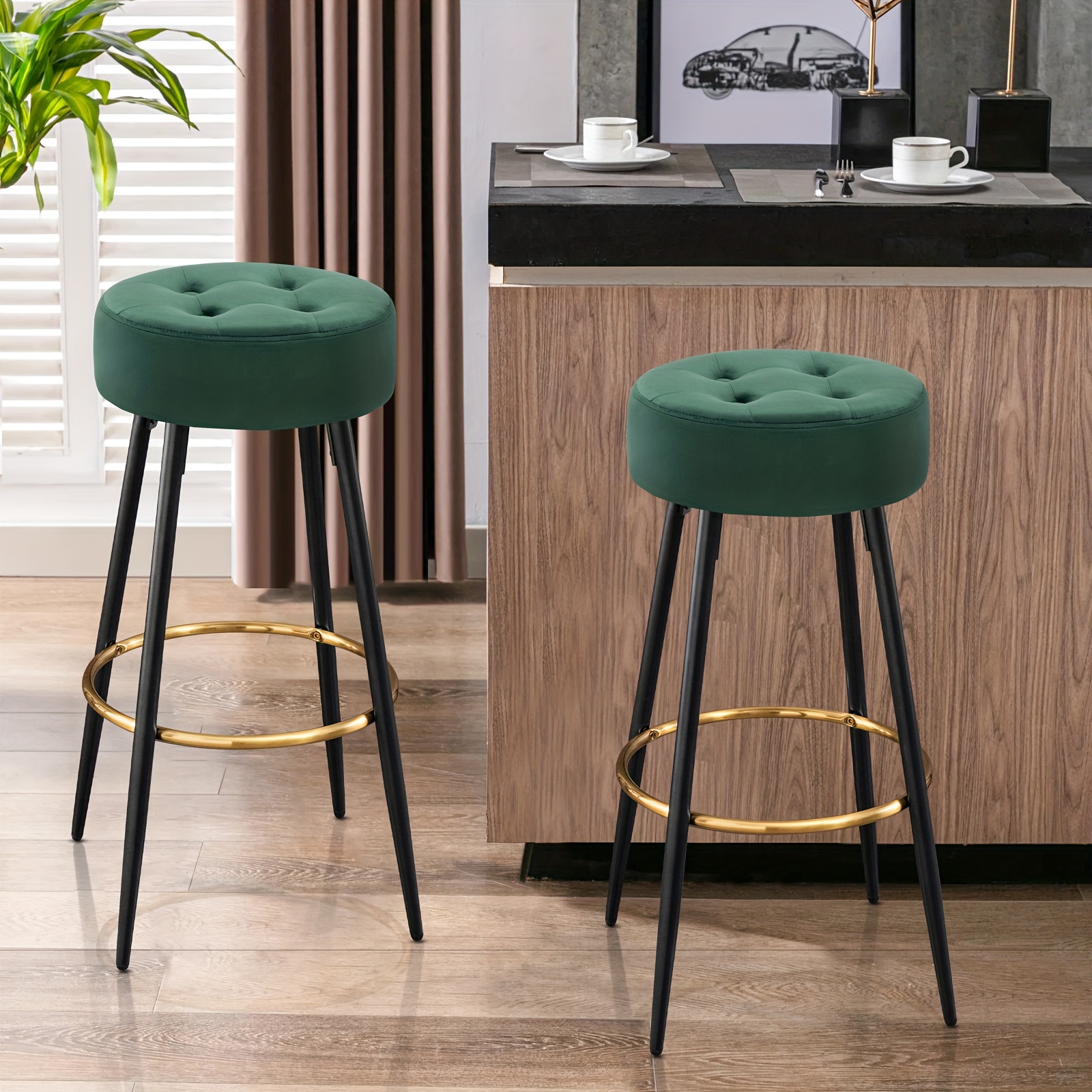 

Set Of 2 For Kitchen Bar Restaurant 30 Inch Height Round Bar Stools, Upholstered Dining Chair Stools With Gold Footrest