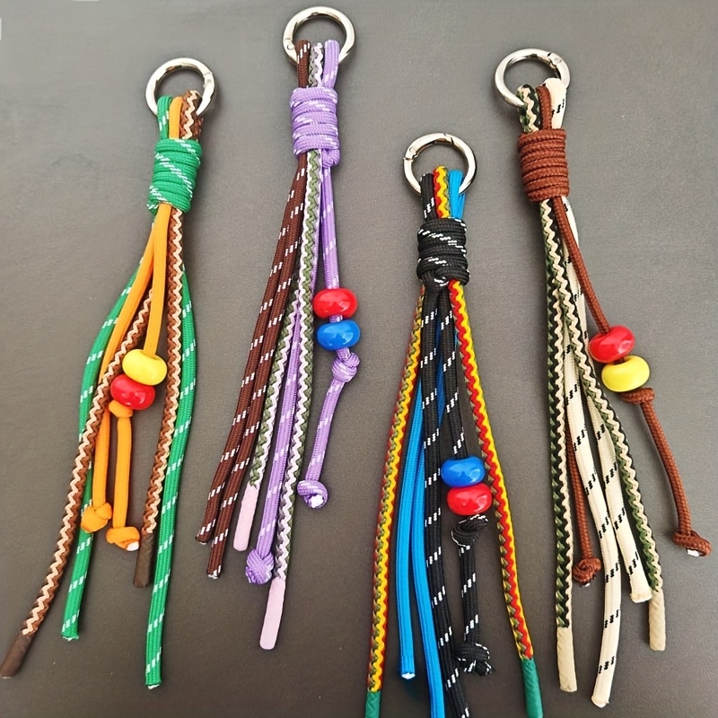 

Nylon Braided Rope Keychain With Tassel Beads, Korean Style Charm, Ethnic Design - Bulk Pack