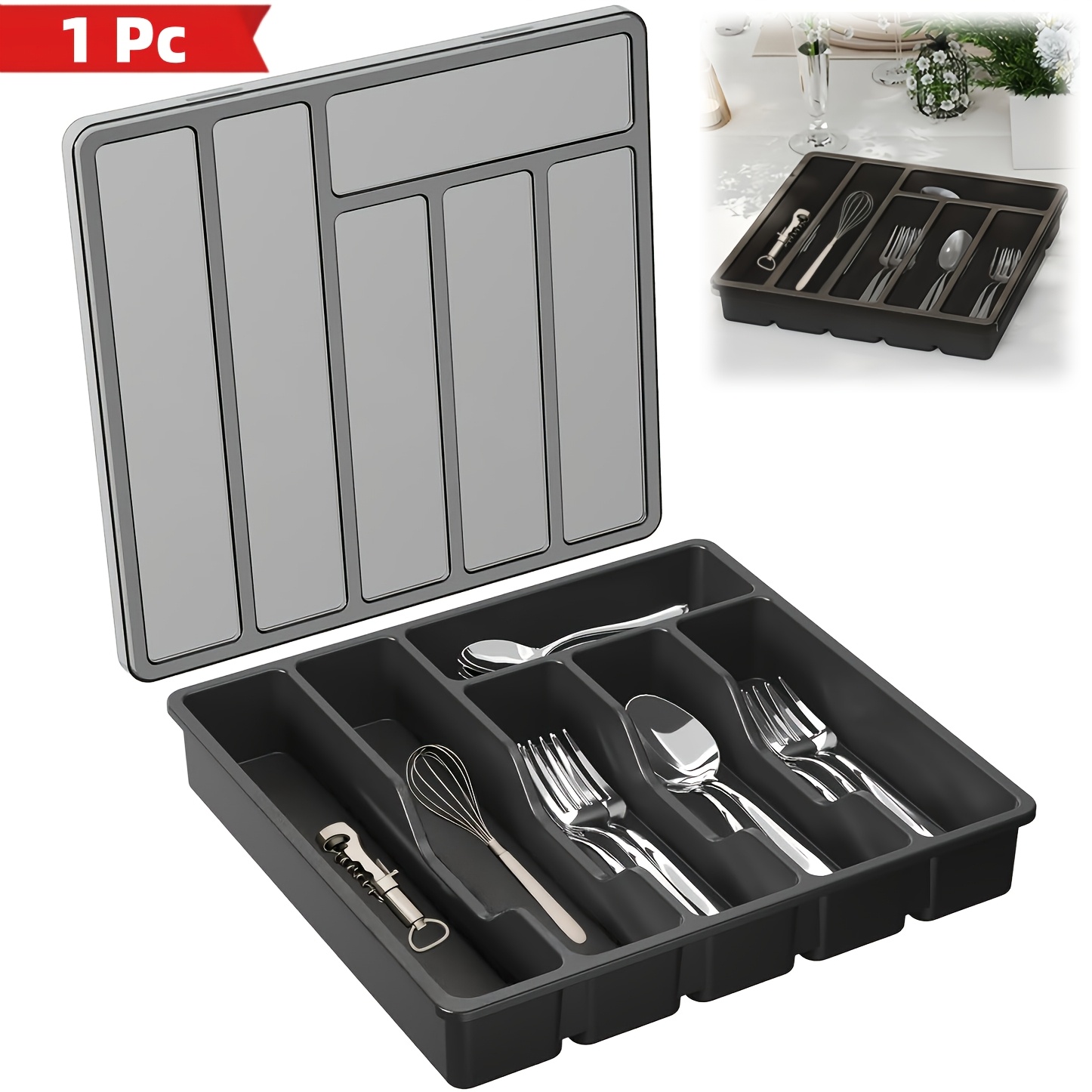 Single Piece Cutlery Organizer Featuring A Lid, Designed For Kitchen Drawers And Countertops, This Plastic Storage Box For Flatware Accommodates Spoons And Forks With 6 Compartments, In Black