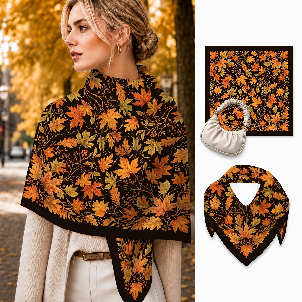 TEMU 1pc Autumn Botanical Fall Scarf Scattered Maple And Oak Leaves, Game Day Essentials, Breathable And Skin-friendly, Ideal For Travel, Shopping,