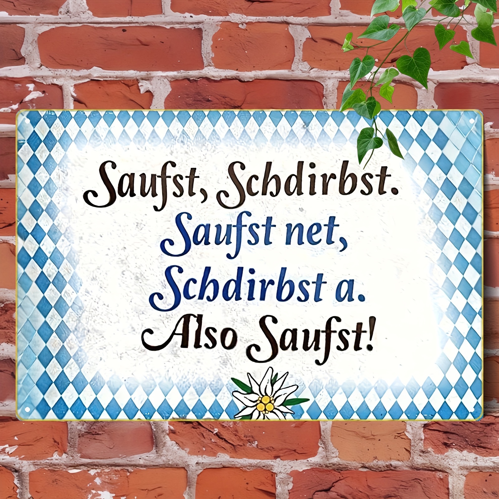 TEMU 2d Flat - Vintage Drinking Song Metal Sign - "saufst, Schdirbst. Saufst Net, Schdirbst A. Saufst!" - Rustic Checkered Design With Floral Accents