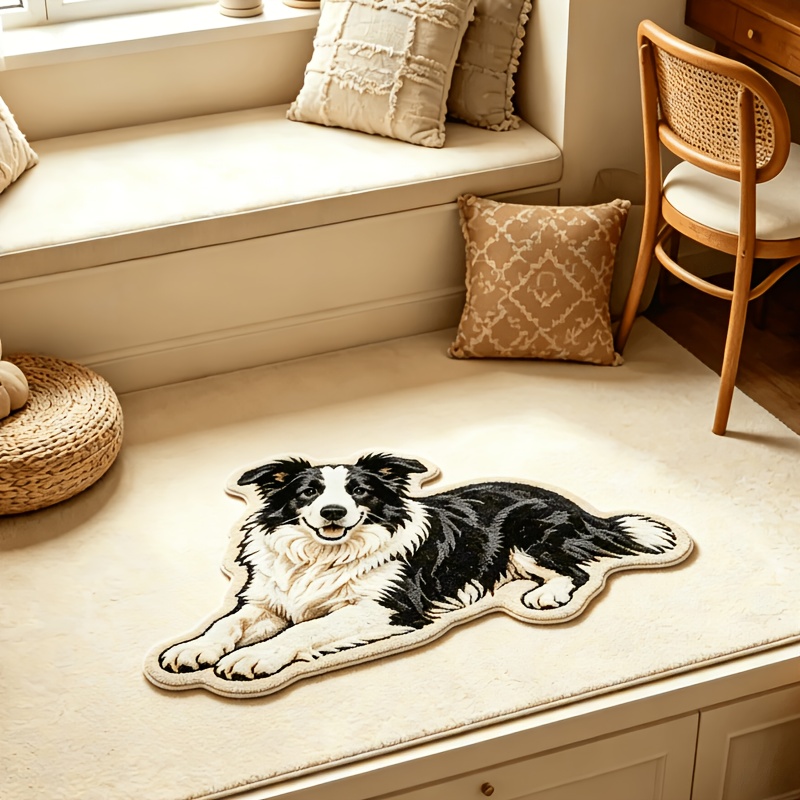 TEMU Imitation Cashmere 900g   9mm 2d Flat Soft And Adorable Style Black And White Border Collie Lying Down Plush Irregularly Shaped Rug, Realistic
