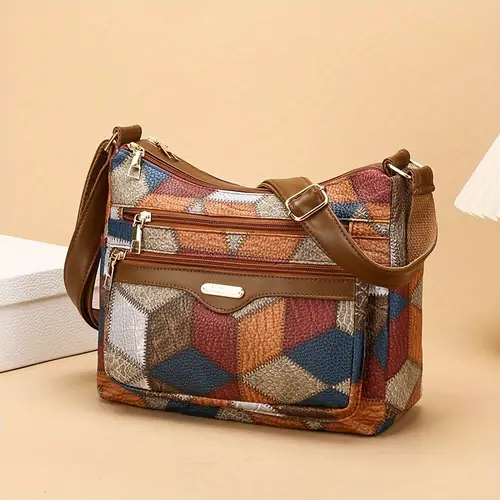 geometric crossbody bag retro style colorblock pattern multi layered shoulder bag suitable for daily use