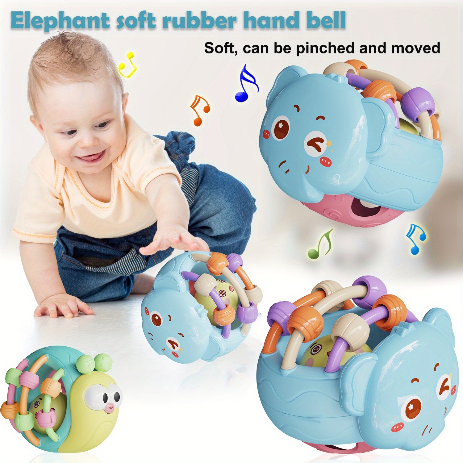 Baby Teething & Grasping Toys - Infant Safe Crinkle Squeaky Snail Ball With Rattle, Soft Toy For 0-12 Months, Easy To Hold