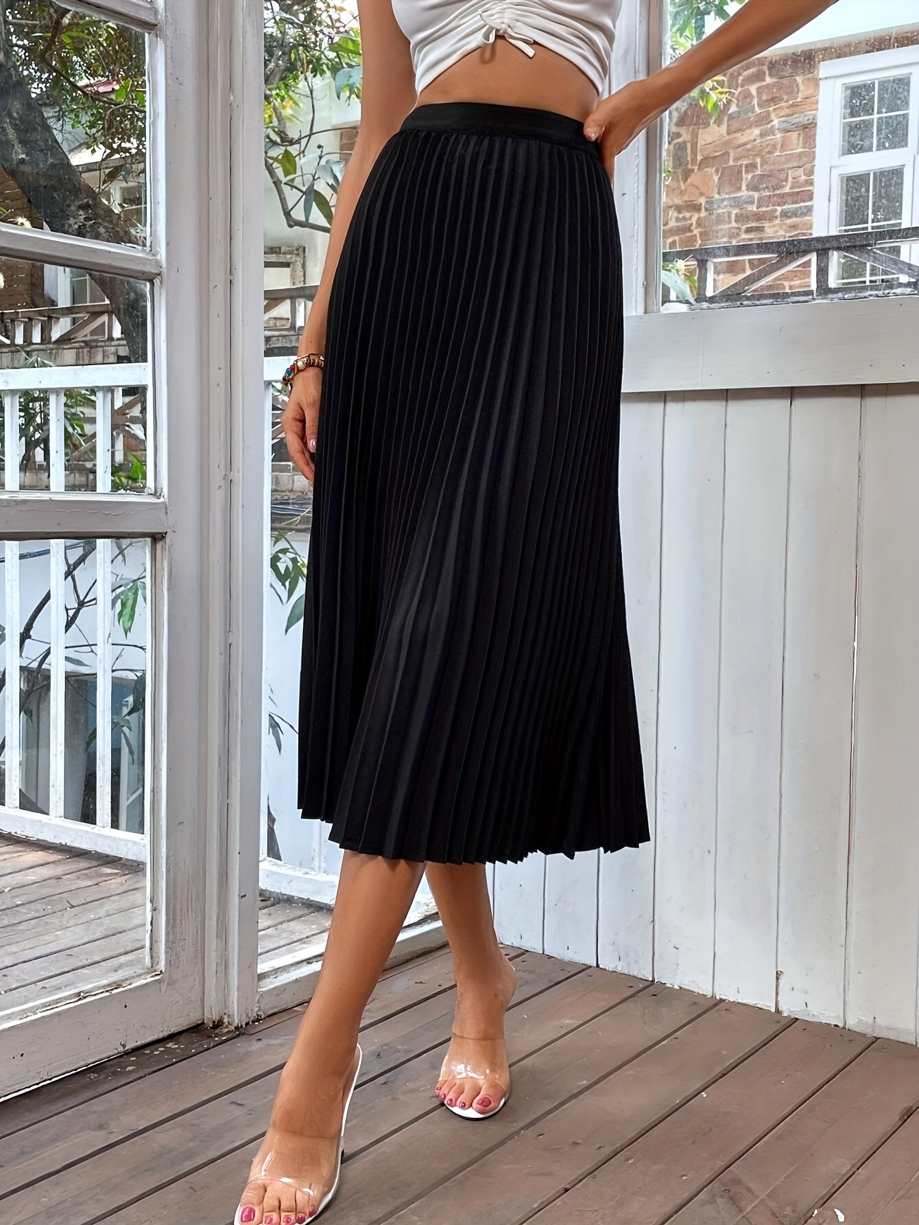 womens elegant black pleated midi skirt high waisted a line Temu