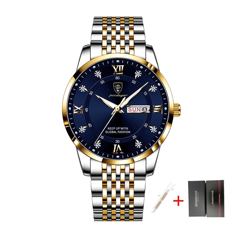 TEMU Korean Style Luxury Watch Men Brand Sports Week Date Wrist Watches Man Stainless Steel Luminous Clock, Without Battery