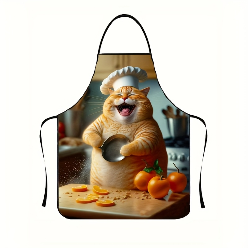 TEMU 1 Funny Fat Cat Chef Apron - With A Whimsical Fat , Black Straps And Pockets - Perfect For Cooking.baking..drawing | Humorous Cooking Apparel |