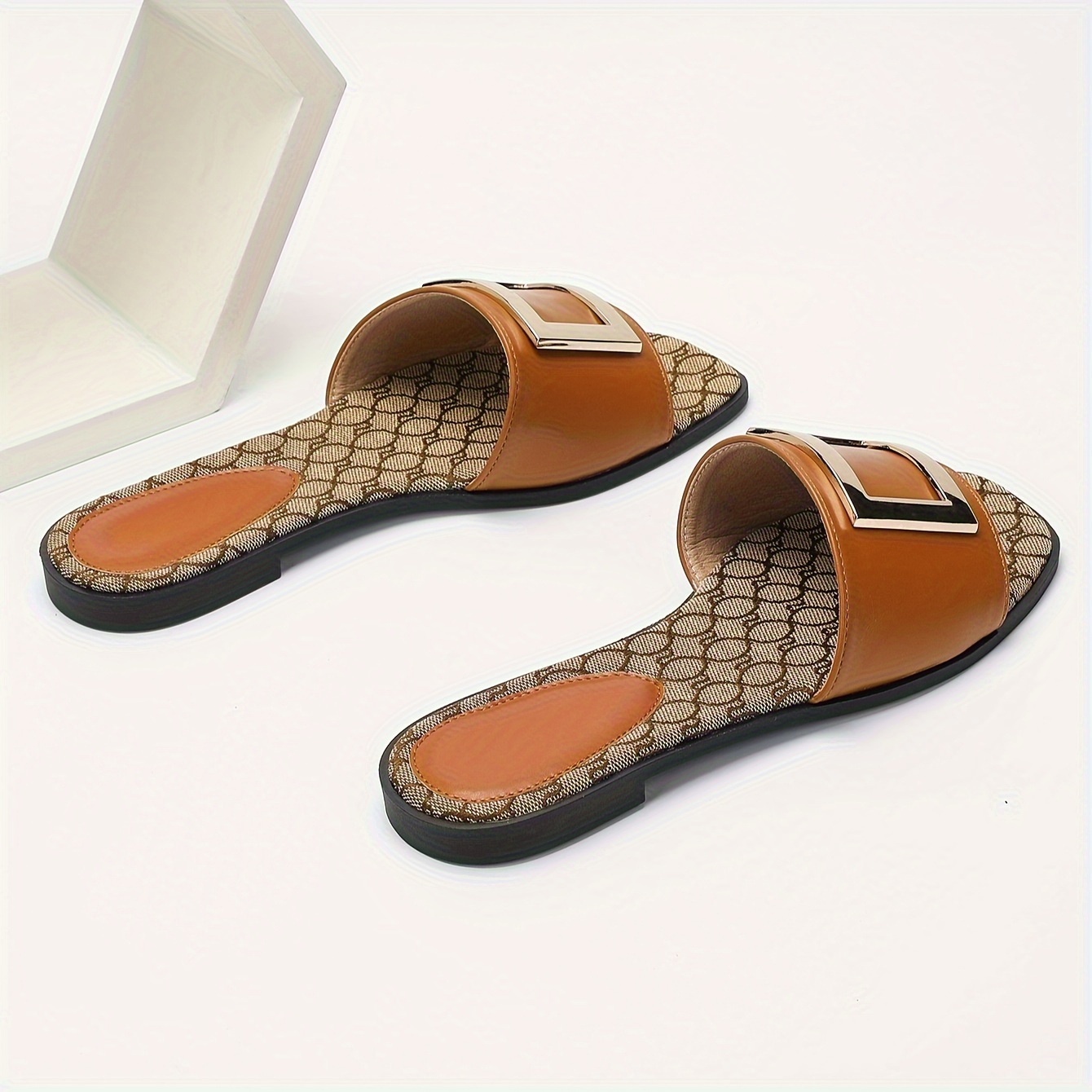 Vintage Square Toe Slides for Women - All-Season Slip-On Flat Heel Sandals with Ankle-Strap, Fashionable Casual Beach Open-Toe Slides with Square Buckle Detail, Man-Made Materials & TPR Sole