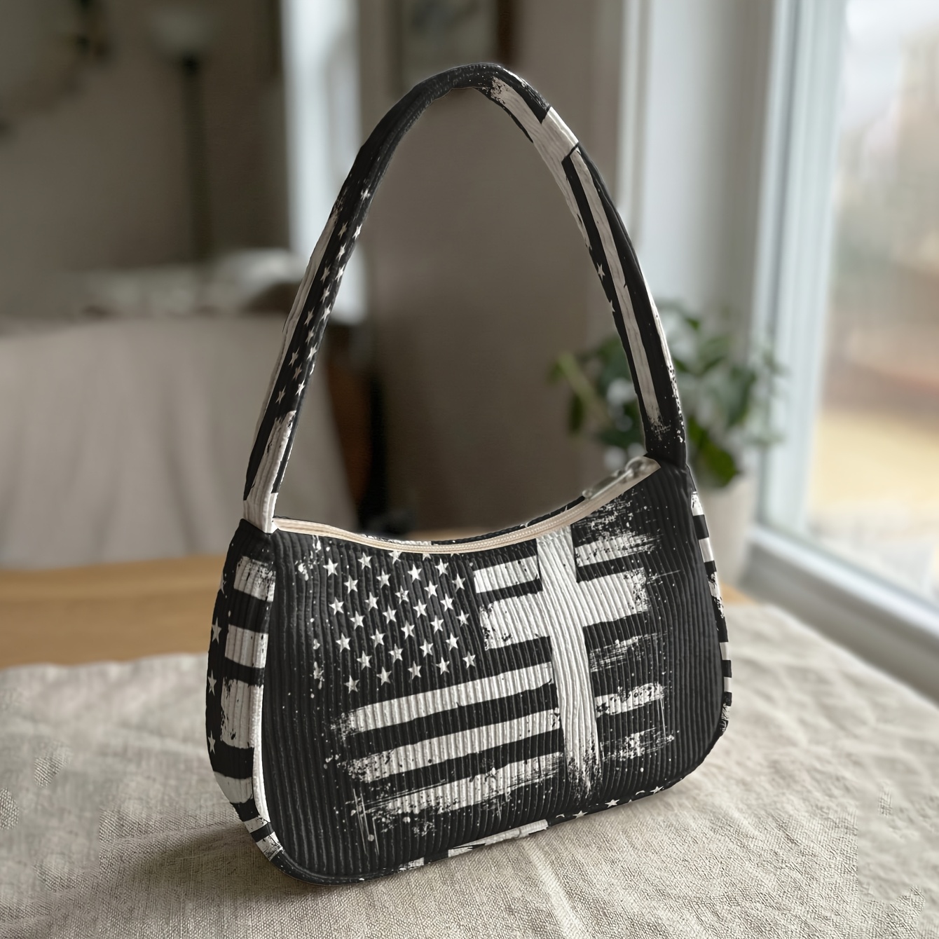 TEMU 1pc, American Flag Pattern Printed Single-shoulder Bag, Corduroy Underarm Bag, Retro Style, Suitable For Daily Commuting, Dates, Shopping, And .