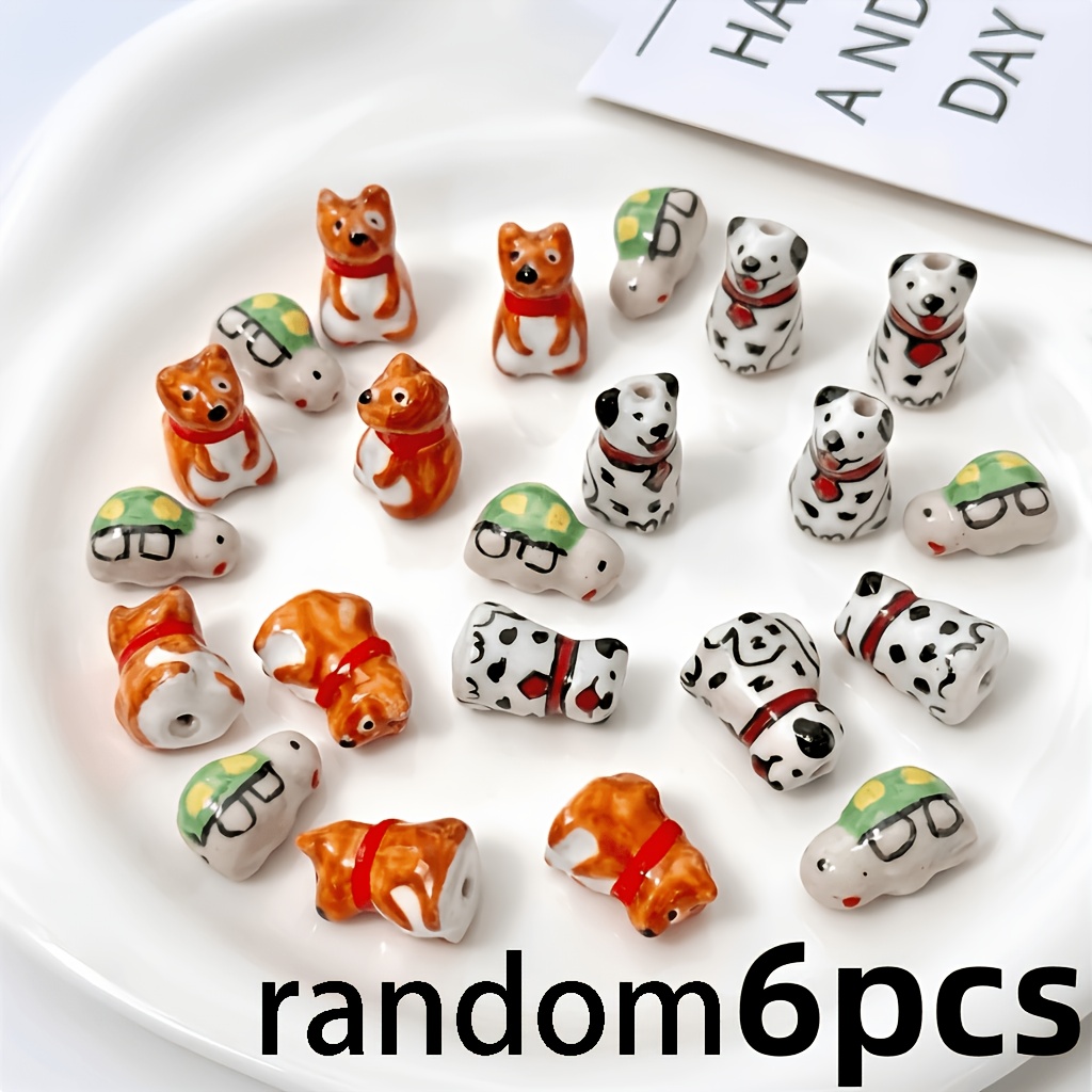 6pcs Assorted Hand-Painted Animal Ceramic Beads for DIY Jewellery