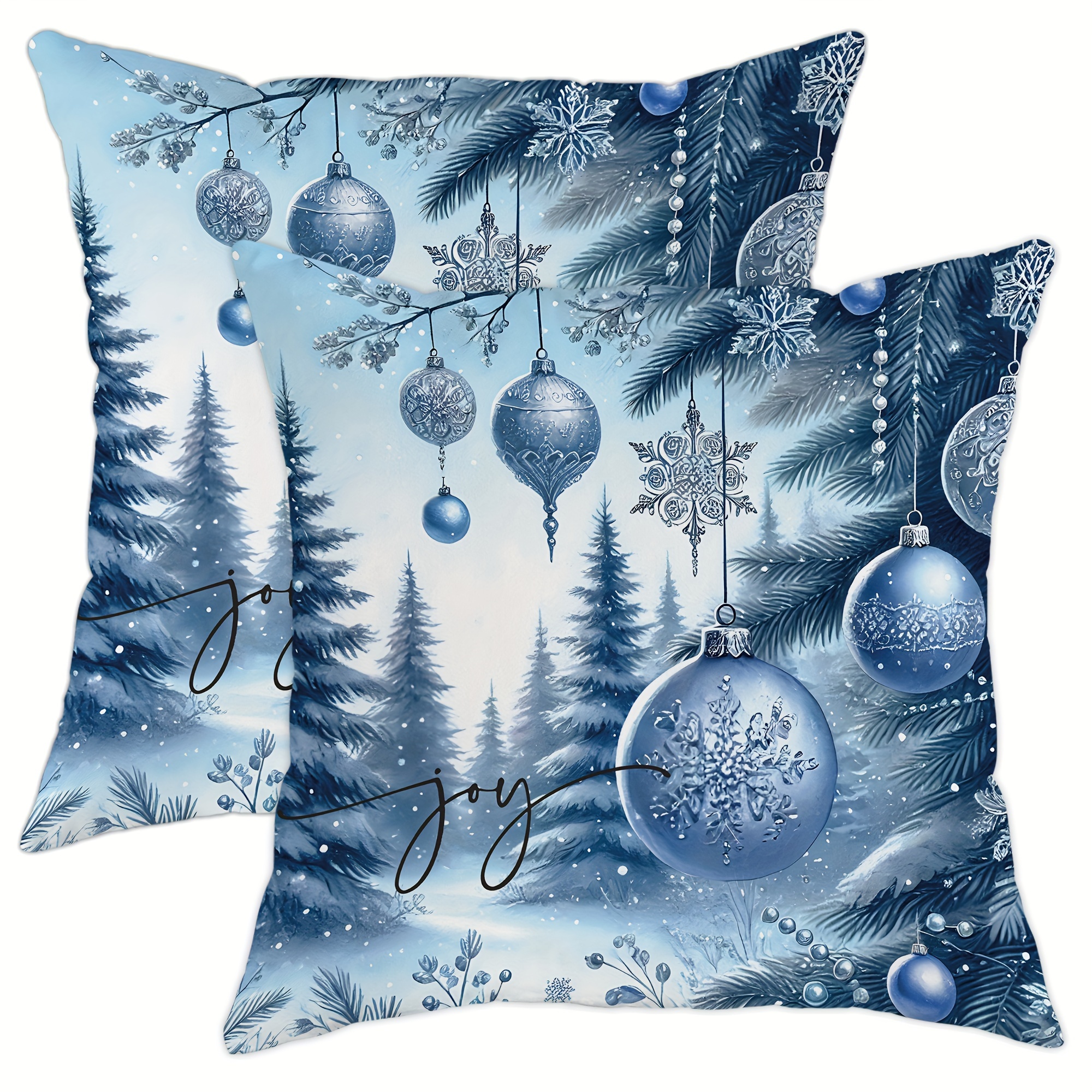 

2-pack Jit Christmas Joy & Snowflake Velvet Cushion Covers, Contemporary Blue Zippered 18x18 Inch Decorative Cases For Sofa And Living Room, Machine Washable 100% Polyester, No Insert