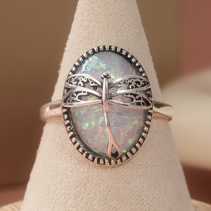 Dragonfly Ring Vintage Silver Plated for Women with Opal