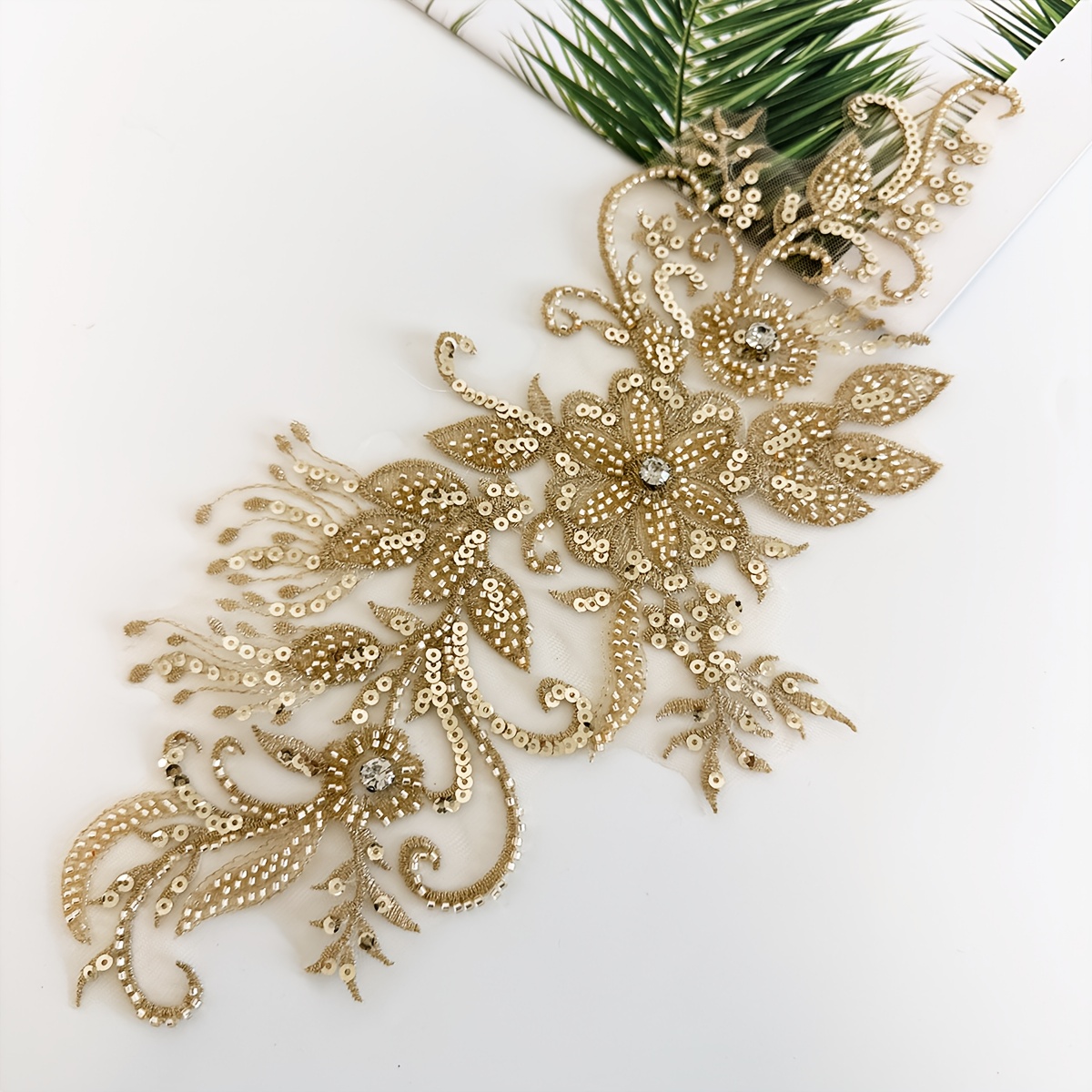 Image of 1pc Of 3d Lace Beaded Sequined Reading Glasses Embroidered Lace Applique Wedding Bridal Headdress Decoration Diy Patch Clothing Accessories, Golden