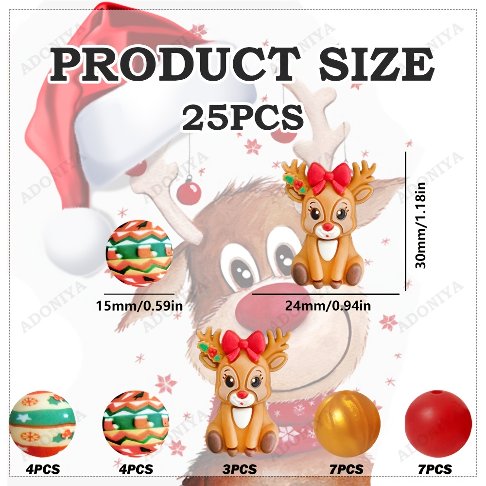 TEMU 25pcs Bow Christmas Reindeer Shaped Silicone Bead Set For Diy Craft Enthusiasts, Suitable For Beaded Pens, Bracelets, Necklaces, Etc. Multiple