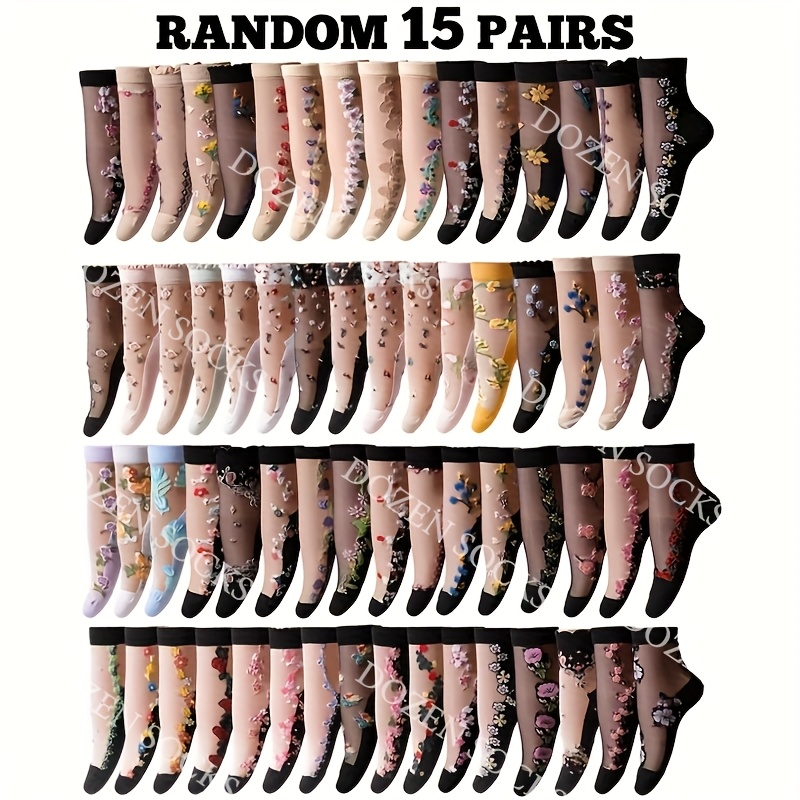 Random 15-pair Women's Cassie Floral Print Lace Soft, Comfortable, Breathable, And Sweat-absorbent Mid-calf Socks