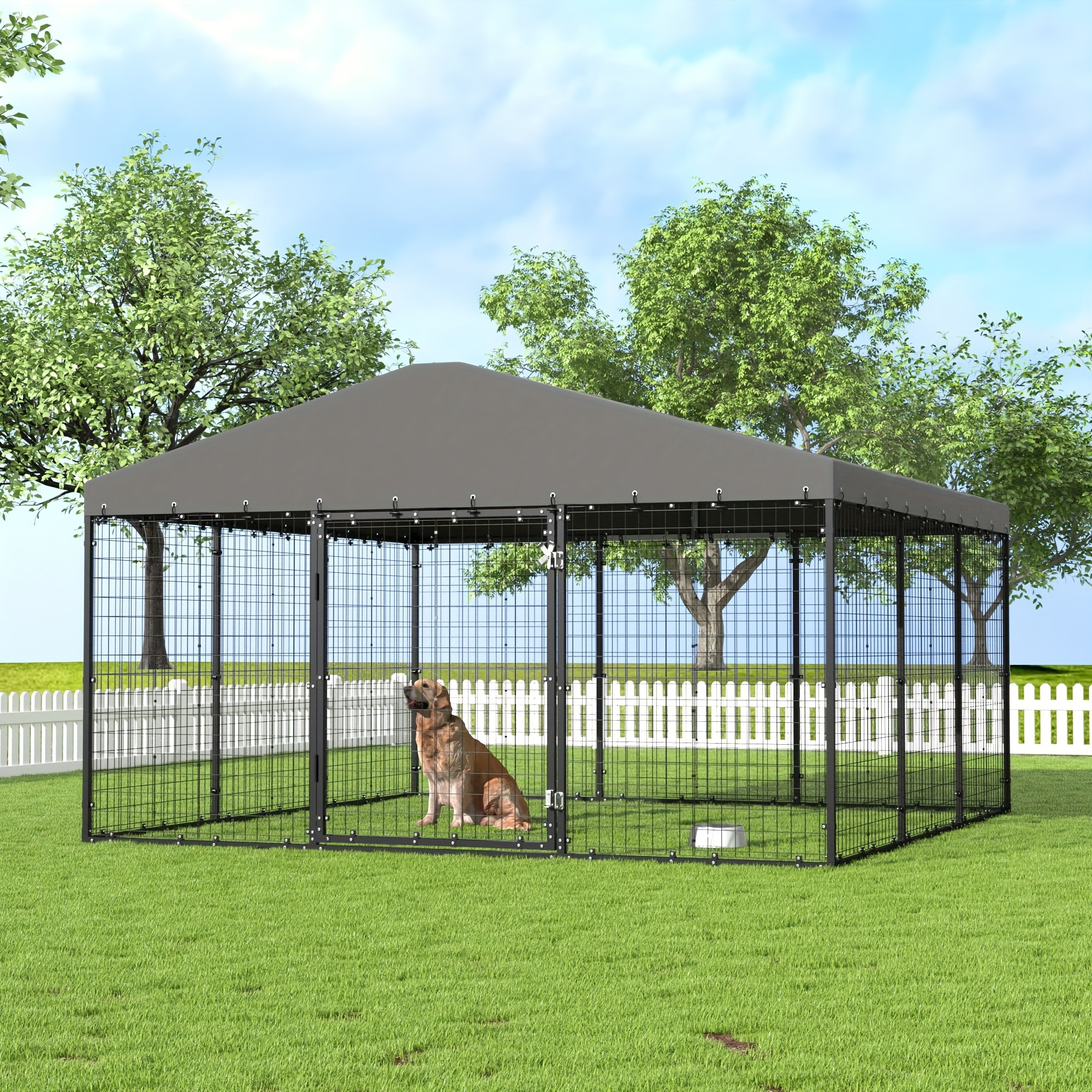 

Large Outdoor Dog Kennel, Heavy Duty Dog Cage With Roof, Kennel With Waterproof Uv-resistant Cover And Locks, W 118" X D 118" X H 70.9