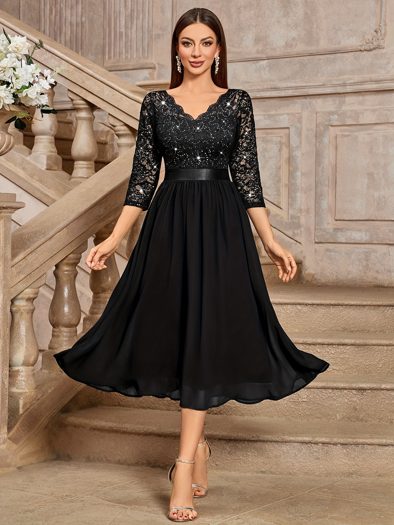 chinese dress ladies 3/4 Sleeve Sequin Lace Cocktail Dress – S.L. Fashions