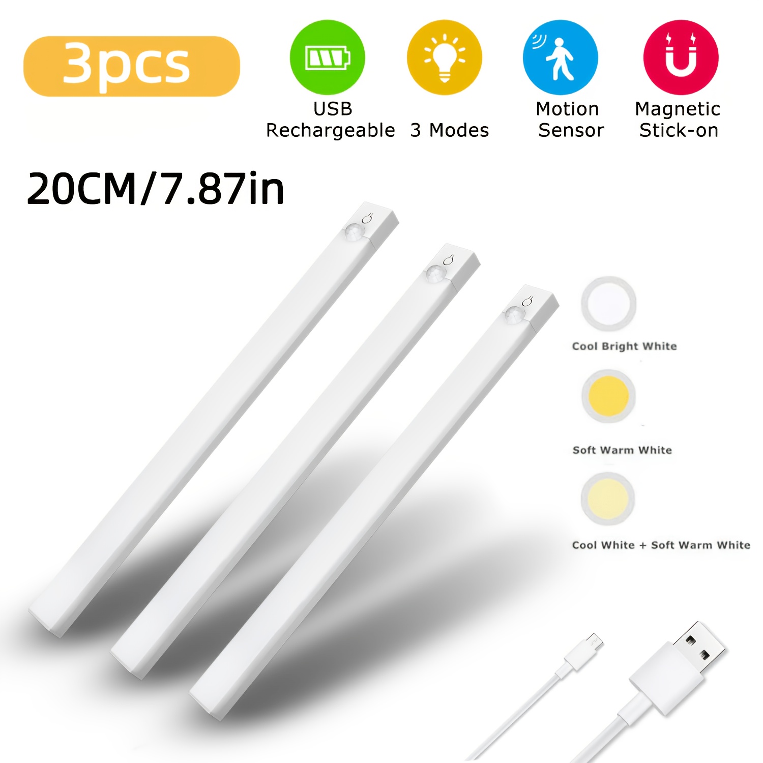 TEMU NBBUFF 3/6 pz Luci a LED con di - Luci per Armadietto Dimmerabili, Ricaricabili via USB, 3 Modalit� di (3000K/4500K/6000K), Luci Notturne, per