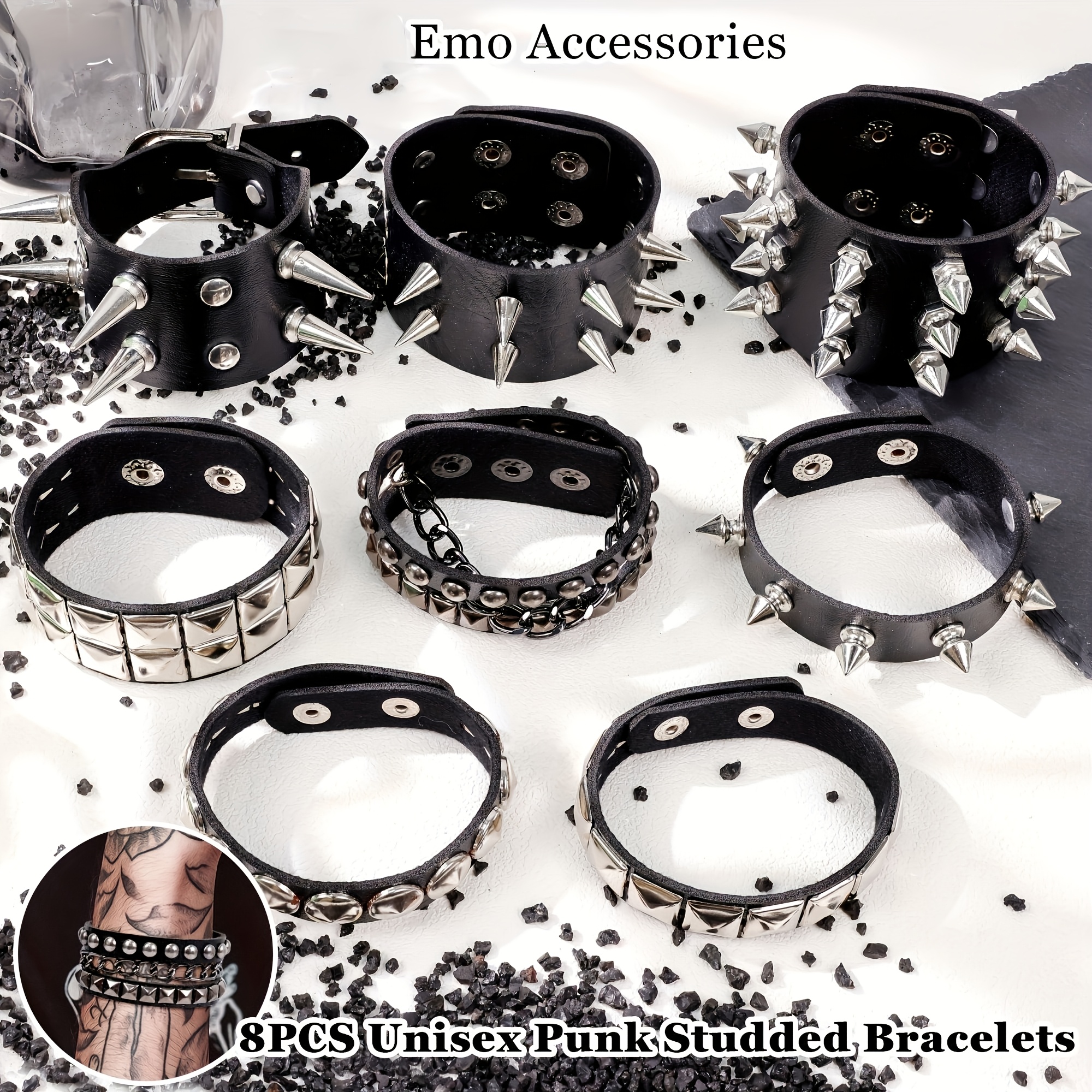 TEMU 8-teiliges Armband-Set im Punk-Stil mit Metallspitzen und Nieten für eine robuste Ästhetik, verstellbare Schnallenverschlüsse für bequemen