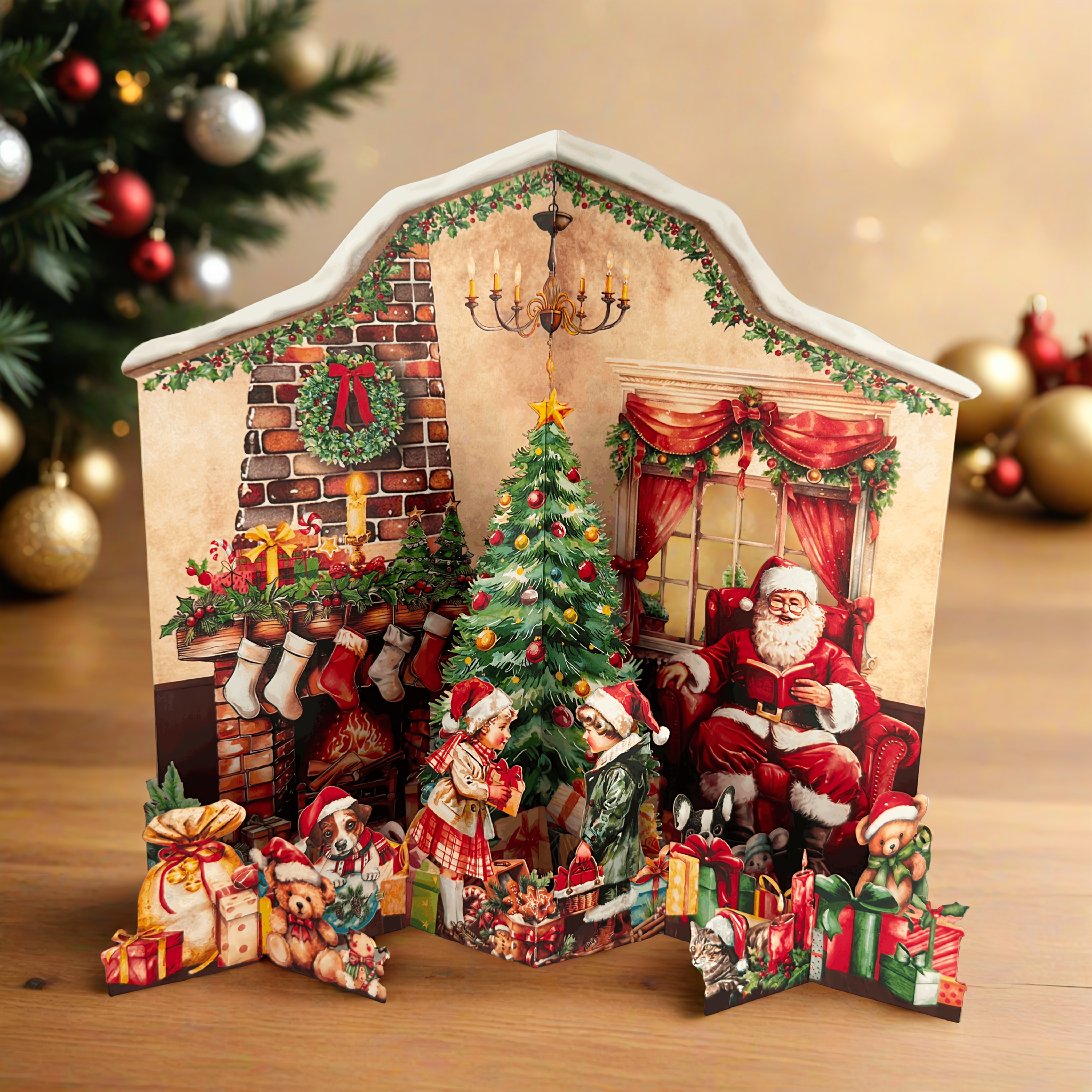 E-shop eine Retro-Weihnachts-Pop-Up-Karte mit Kindern, Weihnachtsmann und fröhlichen Weihnachtsmotiven in einer warmen festlichen Atmosphäre,