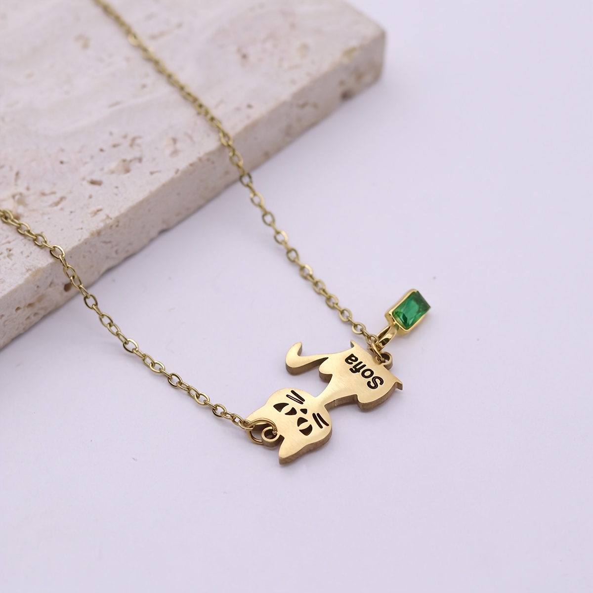 Customizable Cat Silhouette Bracelet with Name and Green Zirconia