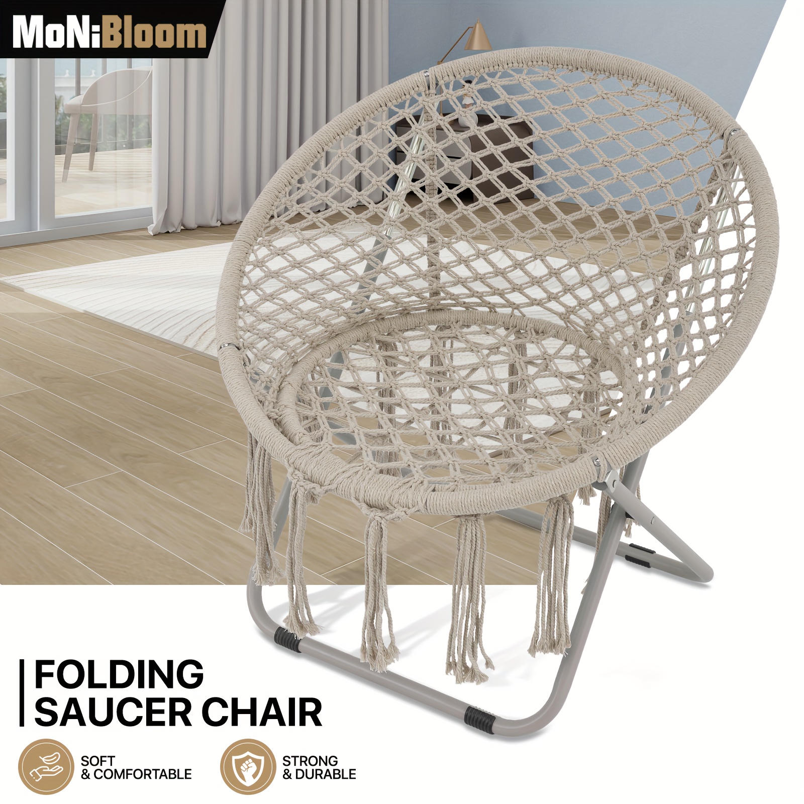 

Monibloom Round Foldable Saucer Chair For Bedroom Living Room Chair, Folding Metal Frame Comfy Lounge Lazy Cozy Moon Chair With Tassels For Adults And Teens