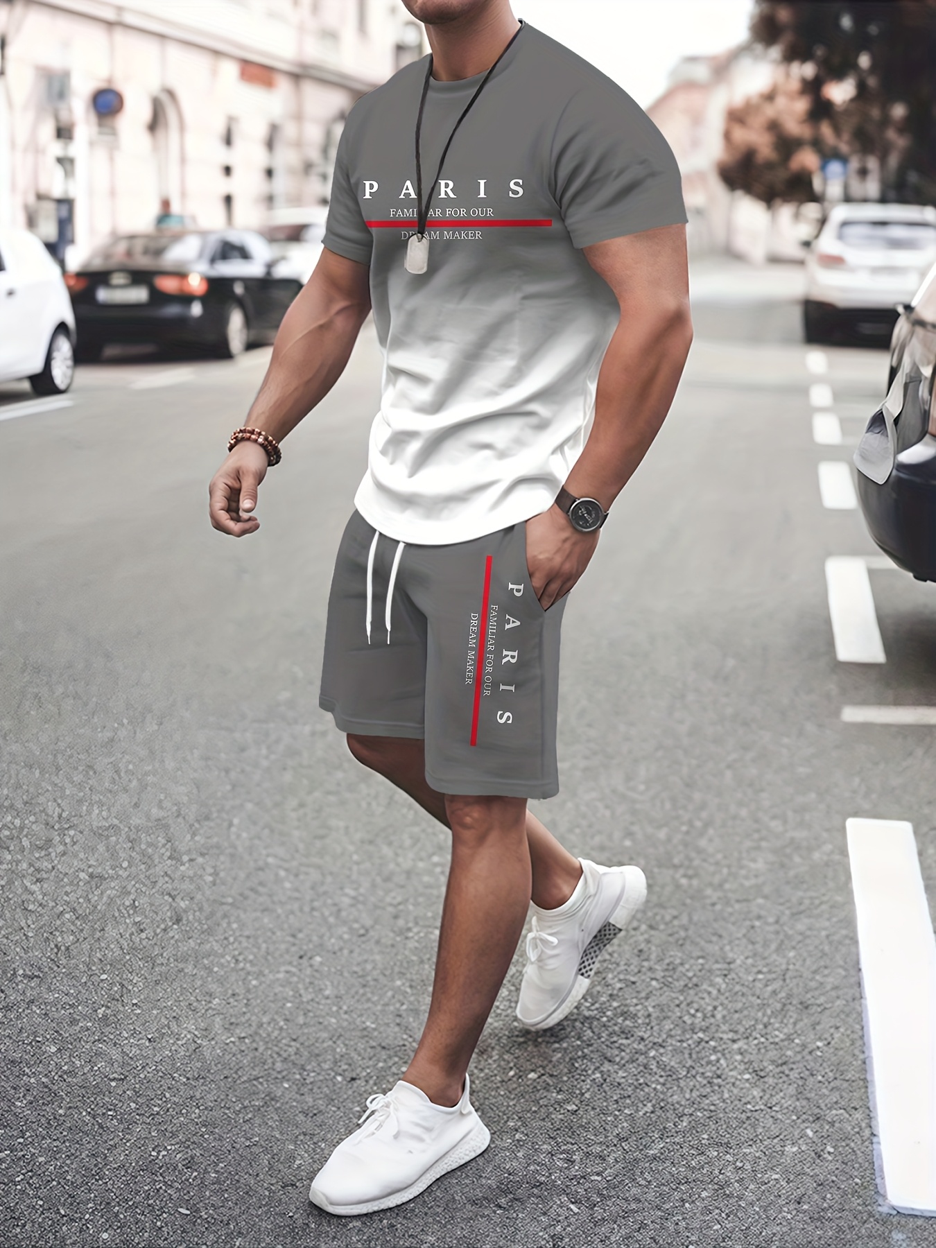 Summer Short Sleeve T-Shirt Shorts Casual 2pcs Set PARIS Letter Gradient  Digital Full-Body Print Sports Outfit, Gray Gradient Pattern Unisex