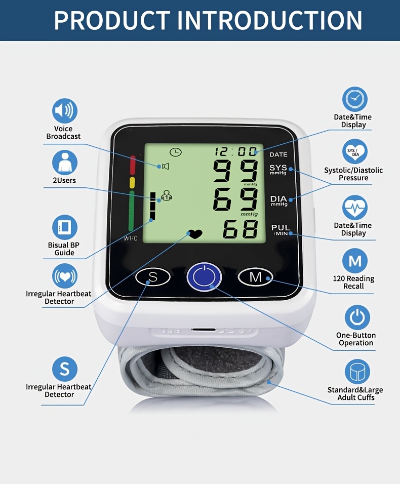 wrist blood pressure monitor sphygmomanometer voice large screen display heart rate and blood pressure dual detection suitable for family   management prevention of cardiovascular disease 2x99 group reading storage without battery Product details 9
