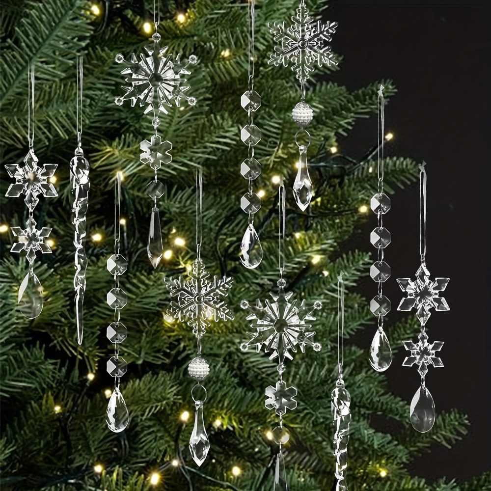 

18pcs Christmas Tree Decoration Crystal Ornaments - Hanging Acrylic Christmas Snowflake Icicle Drop Crystal Ornaments For Christmas Tree Winter New Year Party Supplies, Best For Christmas