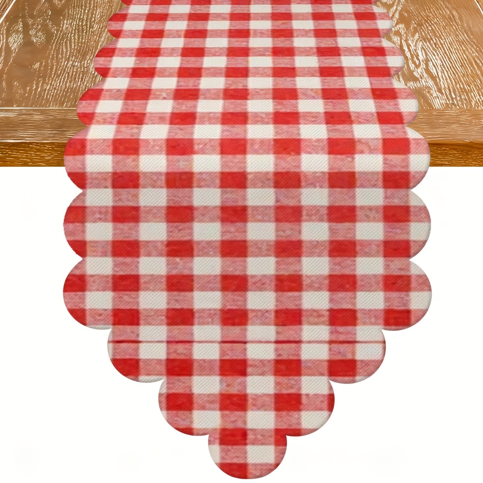 TEMU 1 runner da a righe rosse e bianche con motivo a bufalo, bordi smerlati e punta, stampa a quadri, stile , per decorazioni casual interne